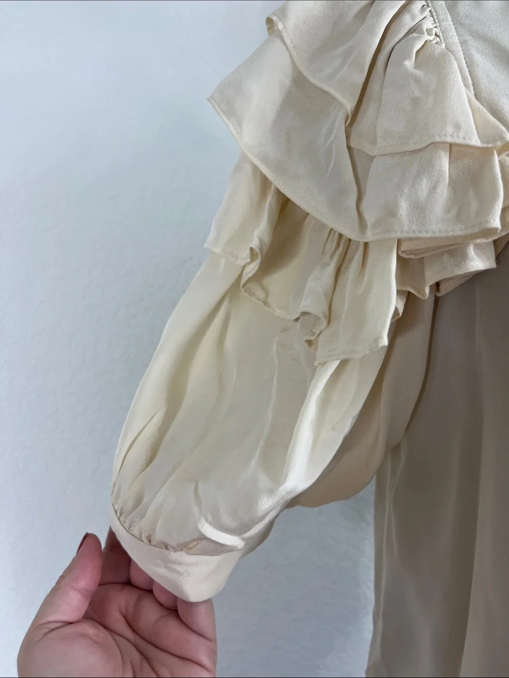 Ulla Johnson Nova Covered Button Yoke Ruffle Sleeve Silk Top Bone